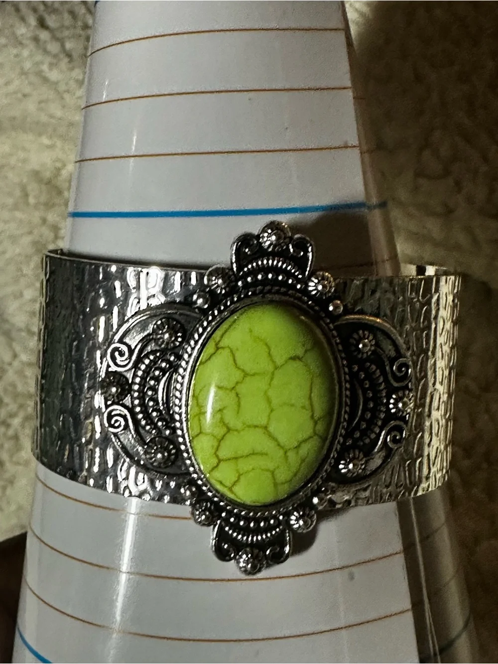 Silver Cuff Bracelet with Lime Green Stone